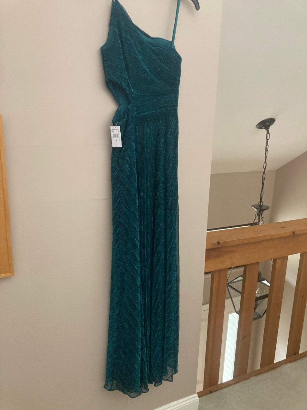 Betsy & Adam Metallic One Shoulder Cut Out Gown
